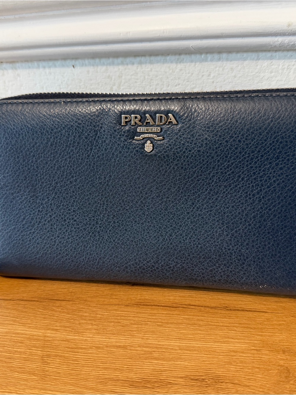 Prada Dark Navy Pebbled Leather Zip-Around Wallet with Silver Logo